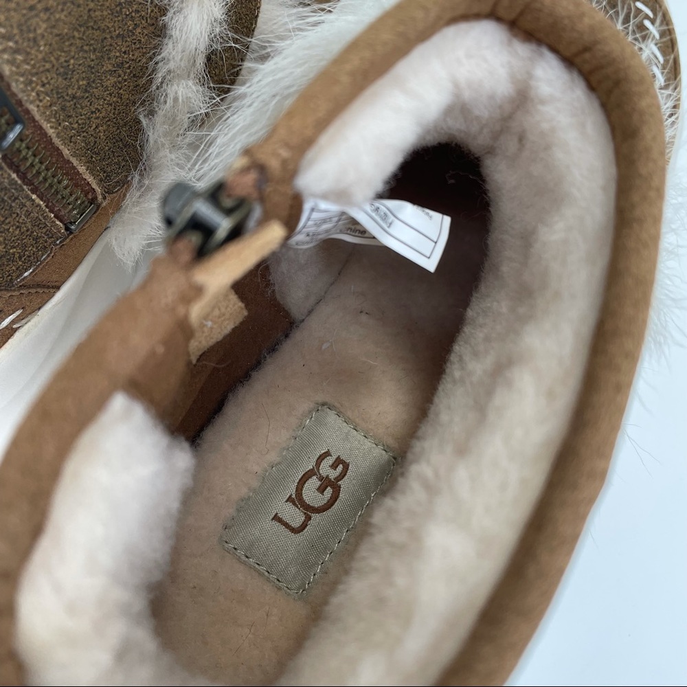 UGG Fluff Punk Faux Fur Ankle Boots Chestnut Sheepskin & Suede Booties Size 7 - Picture 10 of 16